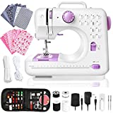 Dechow Sewing Machine for Beginners, Electric Mini Portable, 12 Built-in Stitches with Reverse Sewing, 2 Speeds Double Thread with Foot Pedal, 14 Pcs Floral Cotton Fabric, 20 Pcs Nose Bridge Metal Wire, 21 Yards Elastic Rope, 27 Pcs DIY Sewing Kit Set (Purple)