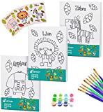 Artkey Pre Drawn Canvas for Painting for Kids, 5 x 7” Printed Canvas to Paint Canvas Set, Pack of 39 - 3 Stretched Canvas, 24 Acrylic Paint Pots, 9 Paintbrushes, 3 Renderings (Lion, Zebra, Elephant)