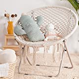 Saucer Chair with Folding Metal Frame, 100% Cotton Handmade Round Cozy Chairs, Exquisite Moon Chair for Bedroom, Living Room Décor Beige