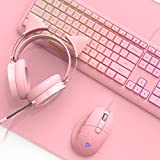 Pink Keyboard and Mouse Combo & Pink Gaming Headset & Large Gaming Mousepad, Adjustable DPI Gaming Mouse, Cat Ear Headphones with Mic, Backlit Pink Keyboard, 35x15in Mouse Pad, for Windows, PC, Laptop