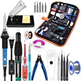 Soldering Iron Kit Electronics, 21-in-1, 60W Adjustable Temperature Soldering Iron, 5pcs Soldering Iron Tips, Soldering Iron Stand, Desoldering Pump, Magnifier, Solder Wire, Tweezer, PU Carry Bag
