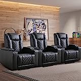 ANJ Power Recliner Chair Set of 3, PU Leather Electric Home Theater Seating with USB Ports and Cup Holders, Black Overstuffed Reclining Furniture with Hidden Arm Storage