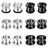 Longbeauty 12PCS CZ Gems Ear Tunnels Plugs Gauges Stainless Steel Expander Stretcher Piercings 2g