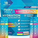 HydroMATE Electrolytes Powder Drink Mix Packets Hydration Accelerator Low Sugar Rapid Hangover Party Recovery Plus Vitamin C Variety Pack (16 Count)