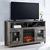 GOOD & GRACIOUS Modern Farmhouse TV Stand with Electric Fireplace, Fit up to 65' Flat Screen TV with Storage Cabinet and Adjustable Shelves Industrial Entertainment Center for Living Room, Grey