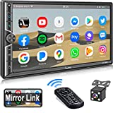 Double Din Car Stereo with Bluetooth, 7 Inch Full HD Capacitive Touchscreen, Mirror Link, Backup Camera, Subw, Steering Wheel Control, USB/TF, FM/AM Car Radio Receiver
