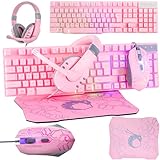 Pink Gaming Keyboard and Mouse Headset Headphones and Mouse pad, Wired LED RGB Backlight Bundle Pink PC Accessories for Gamers and Xbox and PS4 PS5 Nintendo Switch Users - 4in1 Edition Hornet RX-250