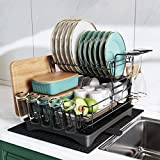 Large Dish Drying Rack Drainboard Set, MAJALIS 2 Tier Stainless Steel Dish Racks with Drainage, Wine Glass Holder, Utensil Holder and Extra Drying Mat, Dish Drainers for Kitchen Counter (Black)