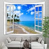 Seaside Window Tapestry Wall Hanging, Ocean Scenery Sand Beach with Palm Tree Wall Tapestry Art, Tapestries for Home Decorations TV Backdrop Dorm Decor Living Room Bedroom, Beach Towel, (60'X40')