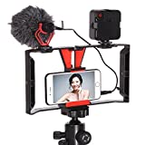 FocusFoto Smartphone Video Rig Camera Cage Mount Holder Stabilizer Handle Grip with BOYA by-MM1 Shotgun Microphone Mic + 49 LED Light Kit for Mobile Phone iPhone Filmmaking Professional Videomaker