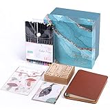Memoking DIY Journal Kit - 12PCS 0.4mm Tips Fineliner Colored Pens, 1x Metal Hollow Bookmark , 1x Leather Notebook, 1x Mini Vintage Roller Stamp, 10x Forest and Insects Series Stickers, 1x Gift Box