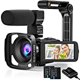 Video Camera Camcorder, Digital Camera HD 1080P 24MP with Pause Function, 16X Digital Zoom, 3.0 Inch 270° Rotation Screen Vlogging Camera with Microphone, Lens Hood, Battery Charger, 2 Batteries