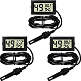 Mini Digital Thermometer Hygrometer with Probe Indoor Temperature Humidity Meter Gauge LCD Fahrenheit Display Hygrometer Thermometer Gauge for Incubator Reptile Plant Terrarium (3 Pieces, Black)