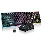RedThunder K10 Wireless Gaming Keyboard and Mouse Combo, LED Backlit Rechargeable 3800mAh Battery, Mechanical Feel Anti-ghosting Keyboard + 7D 3200DPI Mice for PC Gamer (Black)