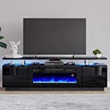Amerlife TV Stand with 36in Fireplace, 70in Modern High Gloss Entertainment Center LED Lights, 2 Tier Console Cabinet for TVs Up to 80in, Black