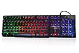 Rii RK100+ Multiple Color Rainbow LED Backlit Large Size USB Wired Mechanical Feeling Multimedia PC Gaming Keyboard,Office Keyboard for Working or Primer Gaming,Office Device