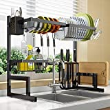 Over The Sink Dish Drying Rack Adjustable (25.6'-33.5'), 2 Tier Stainless Steel Dish Rack Drainer, Large Dish Rack Over Sink for Kitchen Counter Organizer Storage Space Saver with 10 Utility Hooks
