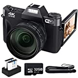 Digital Camera for Photography VJIANGER 4K 48MP Vlogging Camera for YouTube Video Camera with WiFi, 16X Digital Zoom, 52mm Wide Angle & Macro Lens, 2 Batteries, 32GB TF Card(W02-Black1)