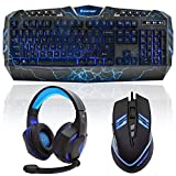 SportsBot SS301 Blue LED Gaming Over-Ear Headset Headphone, Keyboard & Mouse Combo Set w/ 40mm Speaker Driver, High-Quality Microphone, Multimedia Keys & Window Key Lock, 4 DPI Levels (BLU)