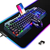 Wireless Gaming Keyboard and Mouse Combo,3 in 1 Rainbow LED Rechargeable Keyboard Mouse with 3800mAh Battery Metal Panel,10 Colors RGB Gaming Mouse Pad (32.5x12x0.15 inch),7 Colors Mute Gaming Mouse
