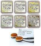 Tim Holtz Ranger Distress Oxide Ink, 6 Shades of Green, Shabby Shutters, Old Paper, Crushed Olive, Bundled Sage, Peeled Paint, Forest Moss, 6 Inks, 2 Carnora Ink Blending Brushes, 8 Item Bundle