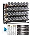 SpaceAid 4 Tier Spice Rack Organizer with 28 Spice Jars, 386 Spice Labels, Chalk Marker and Funnel Set for Cabinet, Countertop, Pantry, Cupboard or Door & Wall Mount (Black labels)