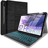 Backlit Keyboard Case for Samsung Galaxy Tab S8 Plus 2022/S7 FE 2021/S7 Plus 2020 12.4 inch with S Pen Holder, Wineecy 7 Colors Backlight Detachable Wireless Keyboard & PU Folio Stand Cover Case,Black