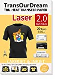 TransOurDream Iron on Heat Transfer Paper for Dark T Shirts (20 Sheets 8.5x11', 2.0) Printable HTV Heat Transfer Vinyl for Laserjet & Inkjet Printers Iron On transfers for T Shirts (TRANS-LAS2-D-20)