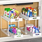 AOJIA 2 Pack Double Sliding Cabinet Basket Organizer Drawers, 2 Tier Under Sink Organizers and Storage, Bathroom Cabinet Organizer with Hooks, Under Kitchen Sink Organizer for Easy Access (White)