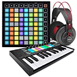 Novation Launchpad Mini MK3 Ableton Live 64 RGB Pads 8x8 Grid Controller + Novation Launchkey Mini MK3 25-Key USB MIDI Keyboard Controller, SR350 Headphones & Fibertique Microfiber Cleaning Cloth