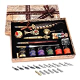 NC Quill Pen Ink Set,includes quill pen,wooden dip pen,glass dip pen,6 bottles ink,8 letter paper,1 envelope,17 Replaceable Nibs,1 bottle of fire lacquer wax,spoon,Seal Stamp,candle,pen holder, Cup.