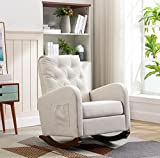 Modern Accent Rocking Chair, Upholstered Nursery Glider Rocker for Baby and Kids, Comfy Armchair with Side Pocket, Living Room Lounge Arm Chair, High Backrest with Decorative Buttons, Off White