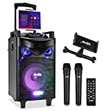 Moukey Karaoke Machine, PA System Subwoofer, Portable Bluetooth Speaker w/ 2 Wireless Microphones, Lyrics Display Holder, Party Lights & Echo/Treble/Bass Adjustment, Support TWS/REC/AUX/MP3/USB/TF/FM