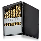 NEIKO 10037A Left Hand Drill Bit Set | 15 Piece | SAE (1/16' - 1/2') | Reverse Twist | M2 HSS with Titanium Nitride Coating