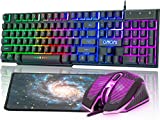 Gaming LED Wired Keyboard and Mouse Combo with Emitting Character 4800DPI 2 Side Button USB Mouse Rainbow Backlit Mechanical Feeling Compatible with PC Raspberry Pi Mac Xbox one ps4 with Mousepad