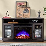 Amerlife Curved Fireplace TV Stand with 26' Curved Electric Fireplace, Media Entertainment Center Farmhouse Glass Door Storage Cabinet, Open Shelve Console Table for TVs up to 65', Espresso