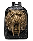 3D Animal Head Backpack, Studded PU Leather Cool Laptop Backpack College Bookbag (Sabertooth-Gold)