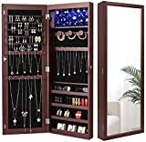 Nicetree 6 LEDs Jewelry Armoire Organizer, Wall/Door Mounted Jewelry Cabinet with Full Length Mirror, Larger Capacity, Dressing Mirror, Brown