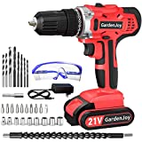 GardenJoy Cordless Power Drill Set: 21V Electric Drill with Fast Charger 3/8-Inch Keyless Chuck 2 Variable Speed 24+1 Torque Setting Power Tools Kit and 25pcs Drill/Driver Bits (1-Red)