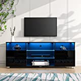 LED TV Stand for 55 inch TV, Modern Entertainment Center with LED Lights and Glossy Cabinets, TV & Media Furniture Console for Under TV Living Game Room Bedroom(Black)