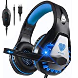 DIWUER Stereo Gaming Headset for Nintendo Switch, PS4, Xbox One with Noise Cancelling Mic, Soft Earmuffs Surround Sound Over Ear Headphones with LED Light for PC, Mac, Laptop (Blue)