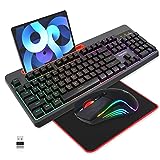Wireless Gaming Keyboard and Mouse Combo,Snpurdiri True RGB Rechargeable Full Size Anti-ghosting Keyboard with Tablet/Phone Bracket, RGB Mouse,Long Battery Life for Gaming, Office