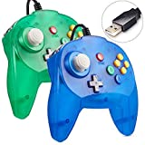 2 Pack Mini N64 USB Controller, Retro N64 Wired 64-bit Remote Upgraded Game Joystick Controller for Windows PC/Mac Raspberry Pi 3 (Ice Blue&Green)