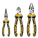 INGCO 3 PCS High Leverage Pliers Set, 8 Inch Combination Pliers and 7 Inch Diagonal Cutting Pliers and 6 Inch Long Needle Nose Pliers Wire Cutters HKHLPS2831