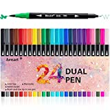 Dual Brush Markers for Adult Coloring Books, 24 Colored Journal Planner Pens Fine Point Marker for Art School Office Supplies Bullet Journaling Note Taking Drawing