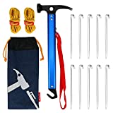 ACETOP Tent Stake Kit -10 x 7 inch Aluminum Hook Tent Pegs, 12 inch Mallet Hammer with Hook, 2 x 14ft Reflective Rope with Guyline Cord Adjuster, Carrying Pouch, for Outdoor Camping Hiking Backpacking