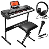 Hamzer 61-Key Electronic Keyboard Portable Digital Music Piano with Lighted Keys, H-Stand, Stool, Headphones, Microphone, & Sticker Set
