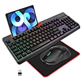 Wireless Gaming Keyboard and Mouse Combo, Snpurdiri Rainbow Backlit Mechanical Feeling Rechargeable Full Size Anti-ghosting Keyboard with Tablet/Phone Bracket, Long Battery Life for PC Gamer