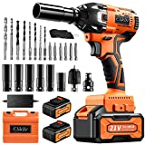 Cordless Impact Wrench 1/2'- Elikliv 21V Power Impact Driver 380 N.m Torque w/2pcs Battery, Charger, 6pcs Sockets, 14pcs Driver and Drill Bits - 3800 RPM Impact Gun for Car (Most Japanese Cars)