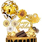 MOVINPE Gold Cake Topper Cake Decoration Happy Birthday Paper Fans Banner Confetti Balloon Fireworks Golden Cupcake Topper for Gold Theme Party Decor Girl Boy Kid Women Man